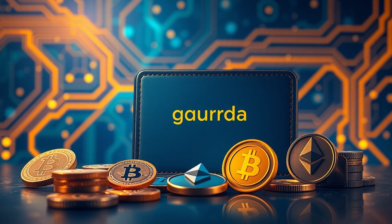 Visualize a secure transaction process in the gaurda wallet with icons representing various cryptocurrencies.