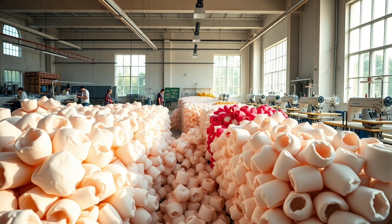 Katoen fabric rolls showcased in a vibrant textile factory