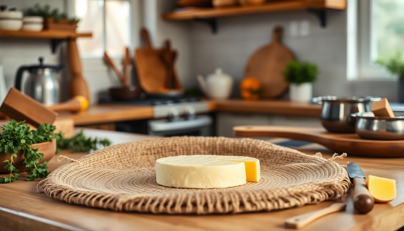 Kaasdoek gebruikt in de keuken met verse kaas en ingrediënten op een houten aanrecht.