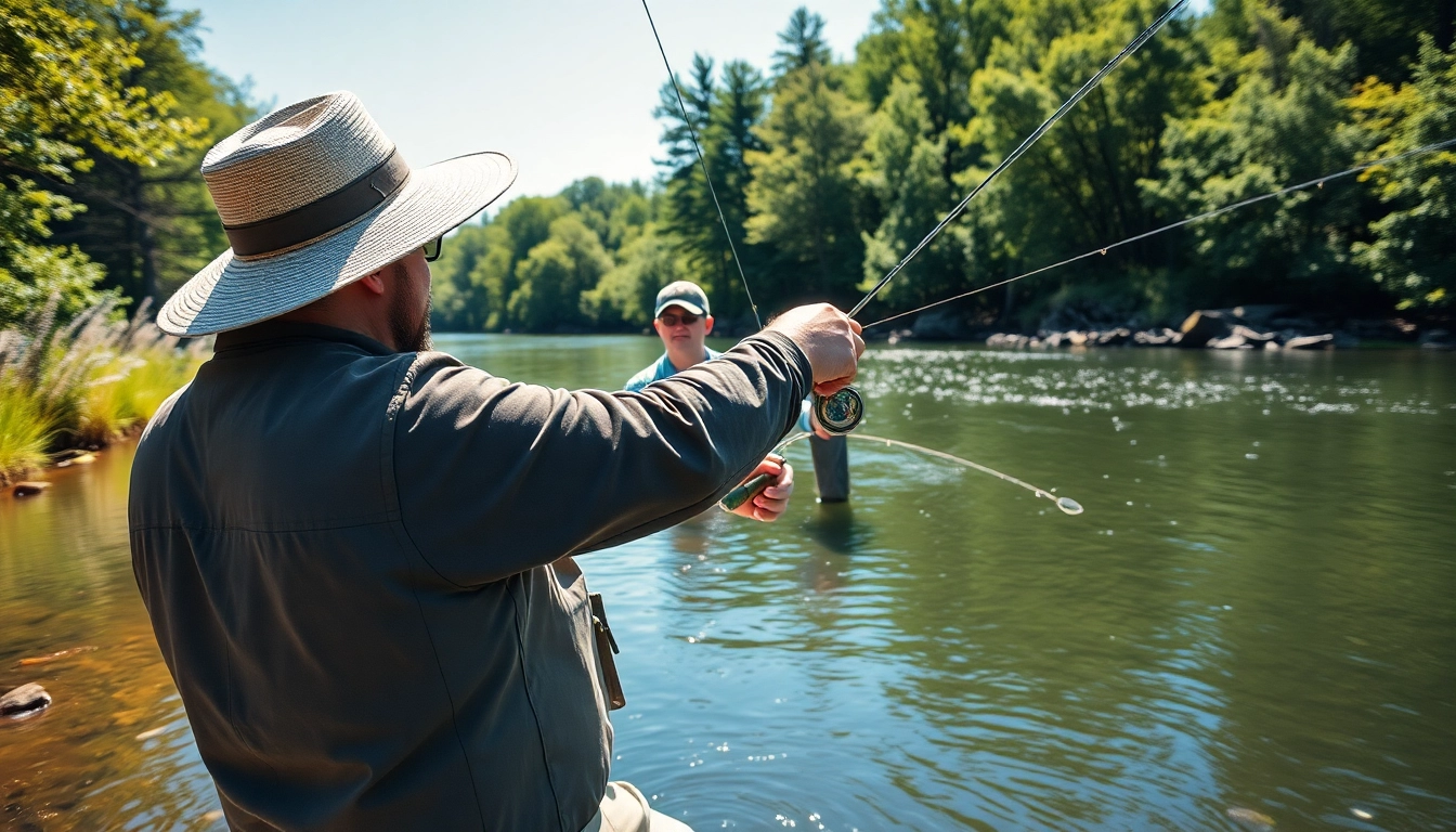 Learning fly fishing lessons near me in a tranquil outdoor setting with an experienced instructor.