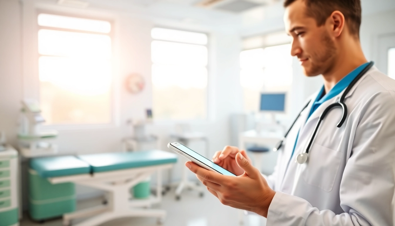 Clinician utilizing apps for electronic prescriptions in a modern medical setting.
