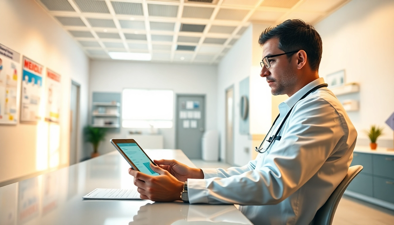 Using apps for electronic prescriptions in a modern clinic setting for efficient medication management.